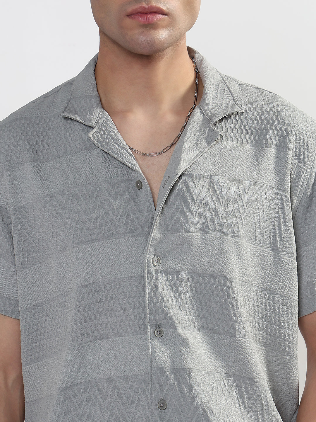 Men's Textured Grey Cuban Collar Relaxed Fit Shirt