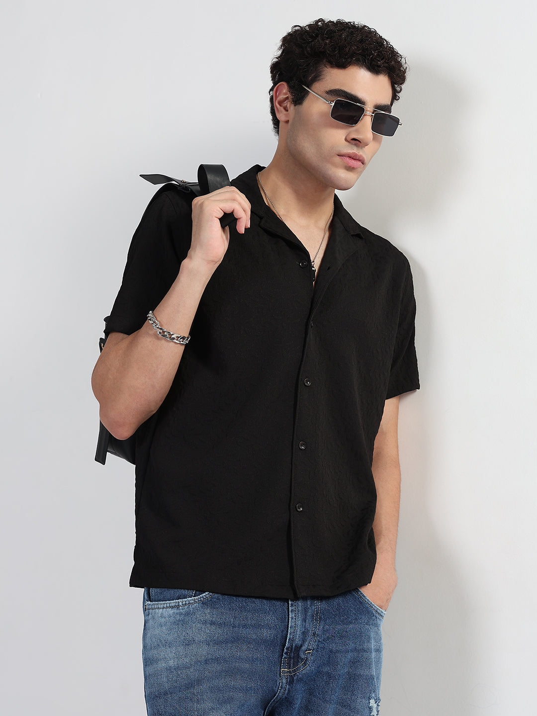 Men's Textured Black Cuban Collar Relaxed Fit Shirt