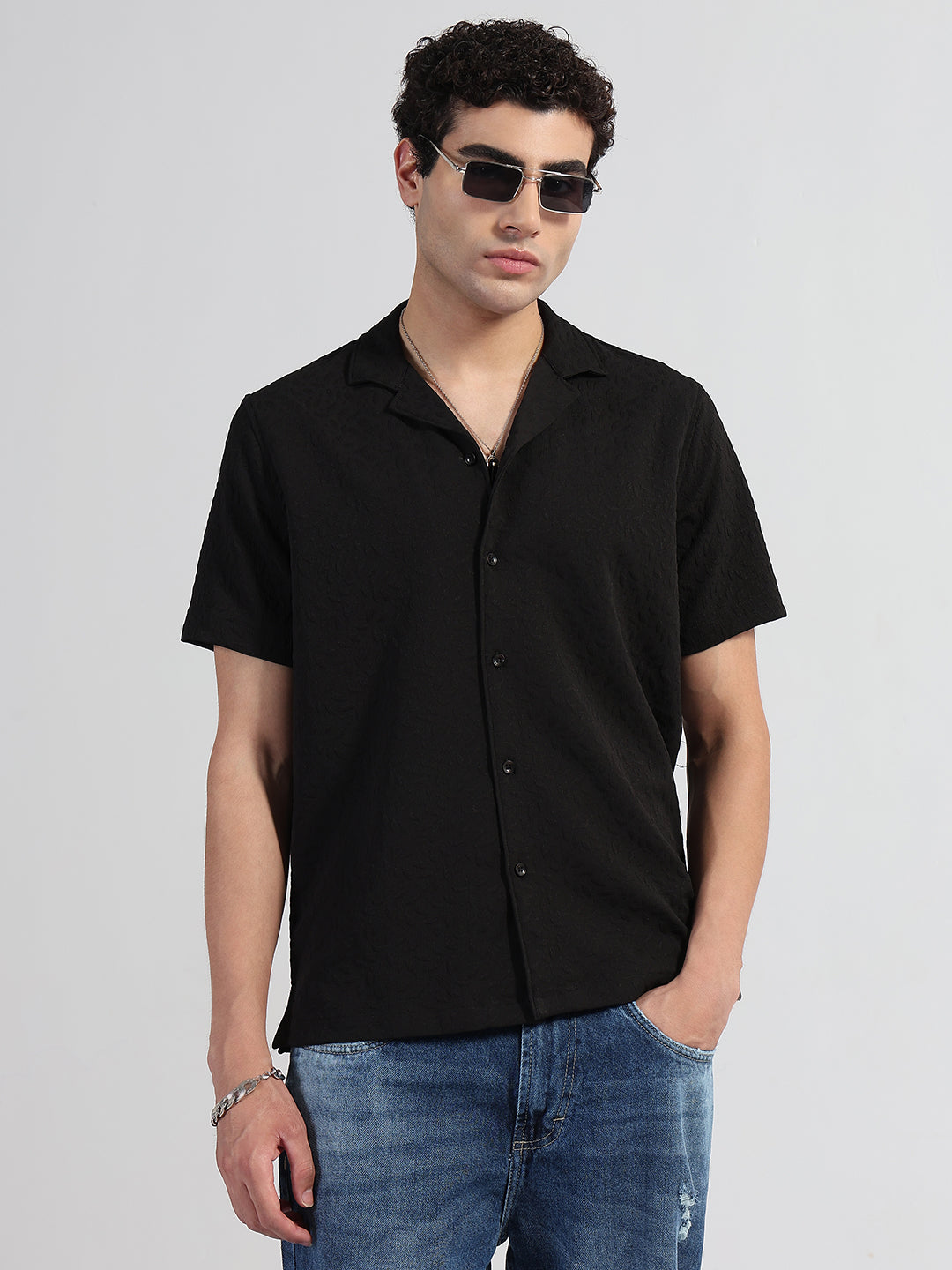 Men's Textured Black Cuban Collar Relaxed Fit Shirt