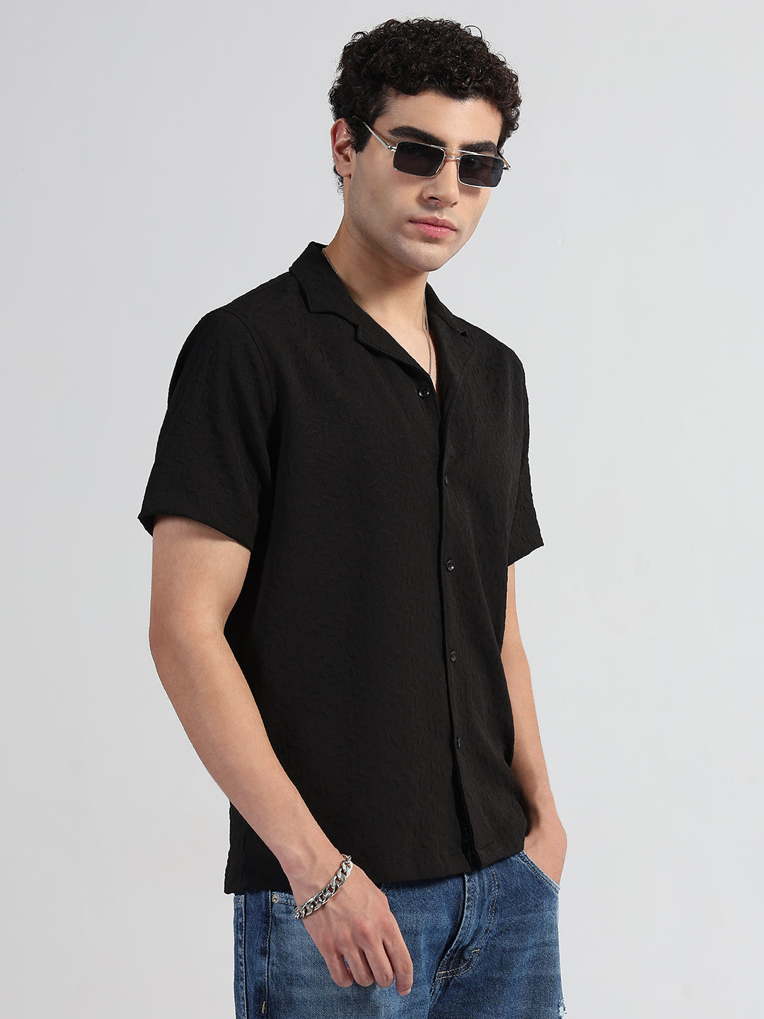 Men's Textured Black Cuban Collar Relaxed Fit Shirt