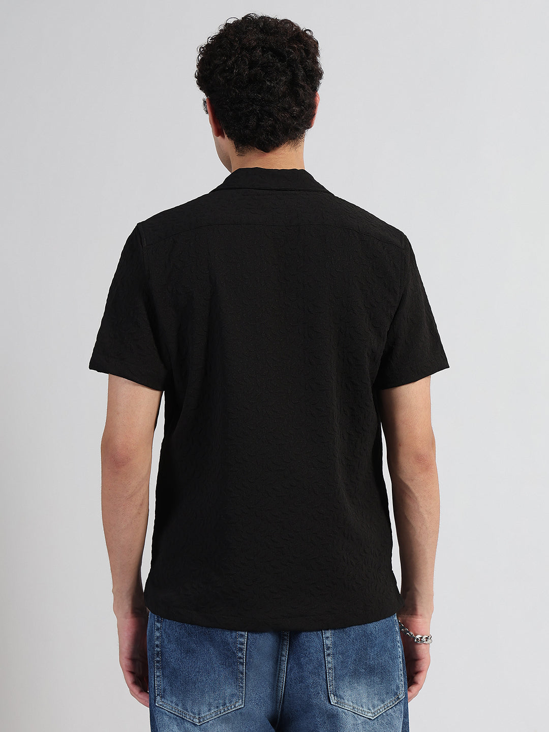 Men's Textured Black Cuban Collar Relaxed Fit Shirt