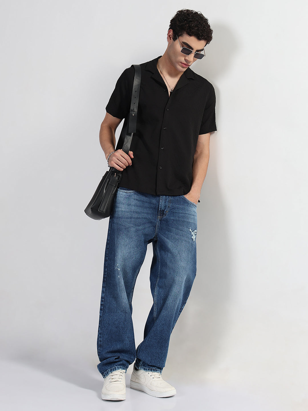 Men's Textured Black Cuban Collar Relaxed Fit Shirt