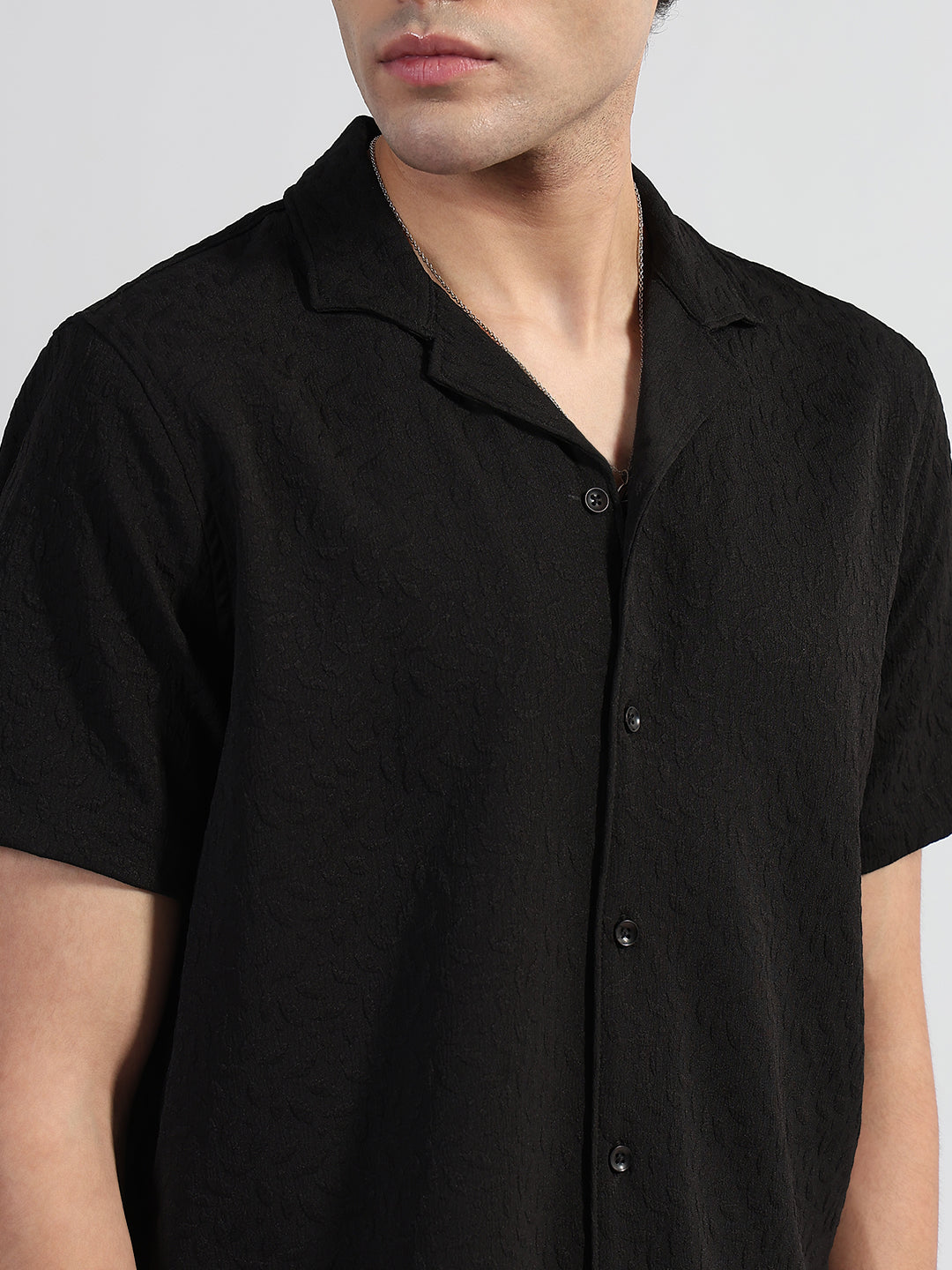 Men's Textured Black Cuban Collar Relaxed Fit Shirt
