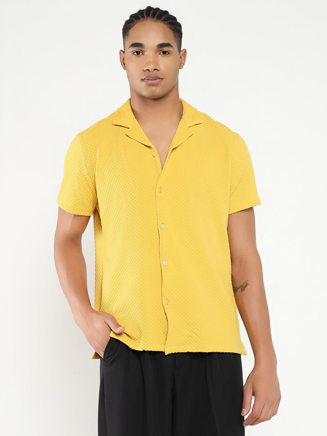 Men Yellow Cuban Collar Solid Shirt