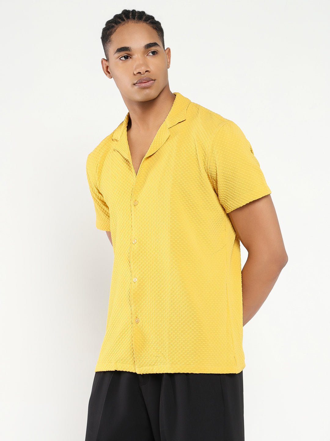 Men Yellow Cuban Collar Solid Shirt