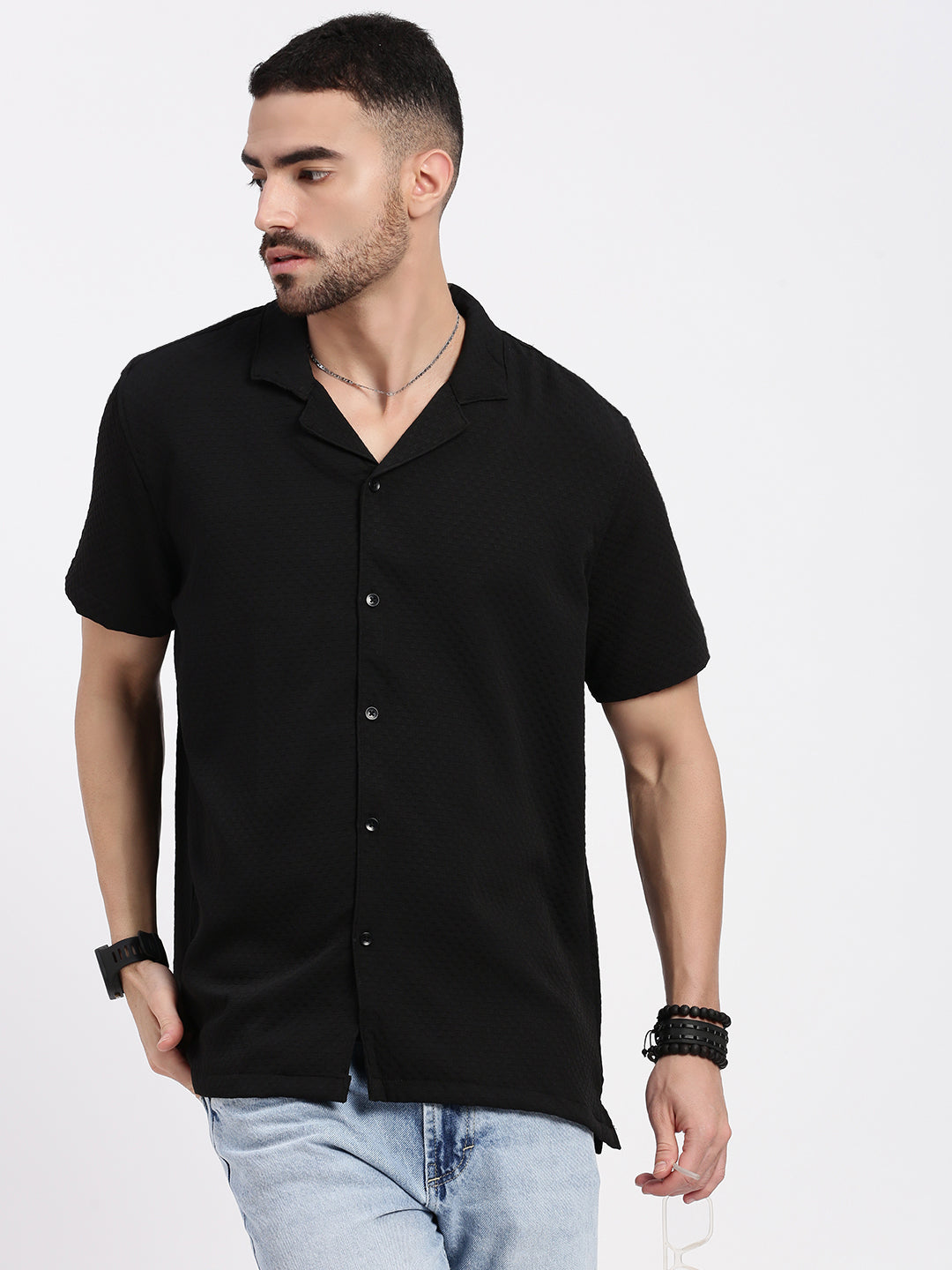 Men Black Cuban Collar Solid Shirt