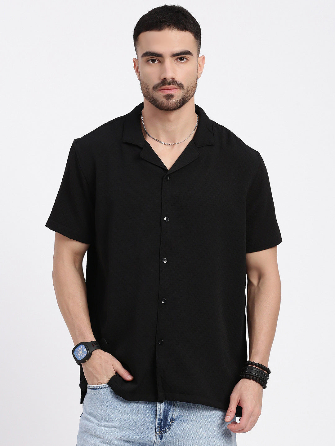 Men Black Cuban Collar Solid Shirt