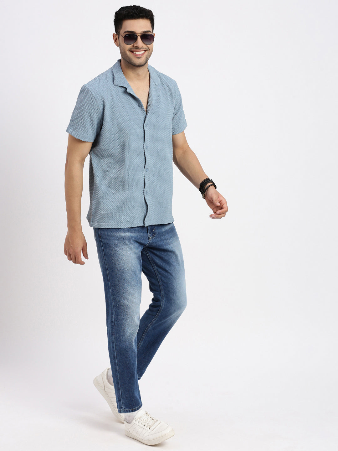 Men Blue Cuban Collar Solid Shirt