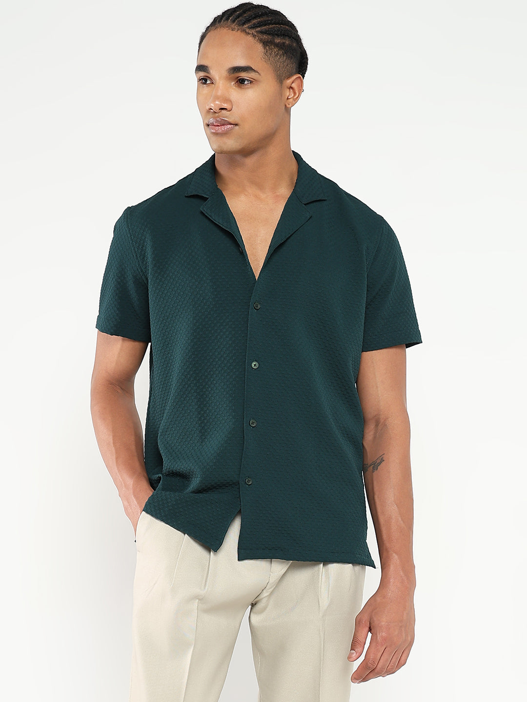 Men Green Cuban Collar Solid Shirt