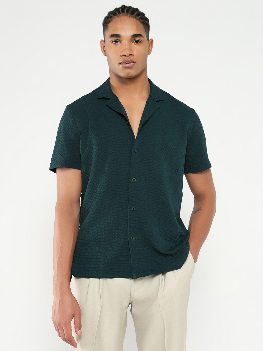 Men Green Cuban Collar Solid Shirt