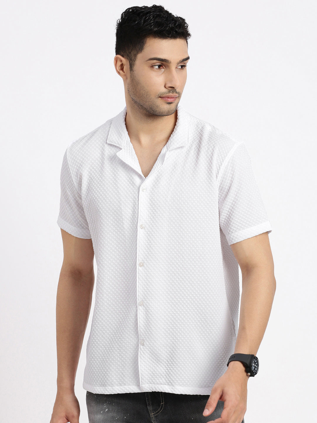 Men White Cuban Collar Solid Shirt