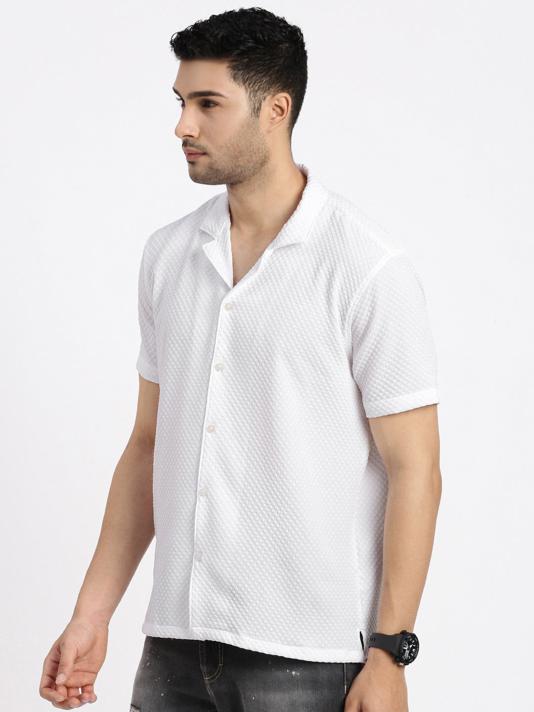 Men White Cuban Collar Solid Shirt