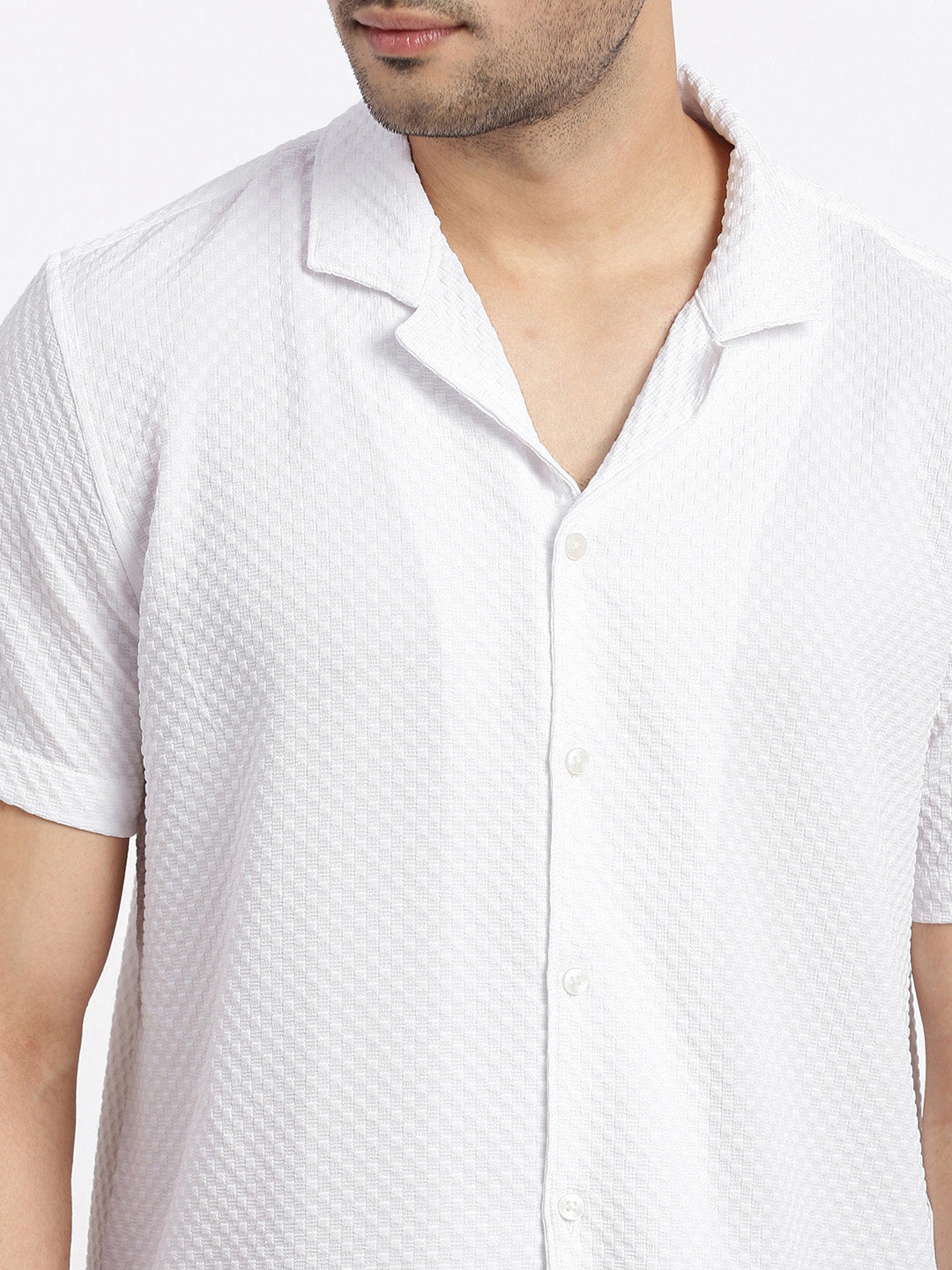 Men White Cuban Collar Solid Shirt