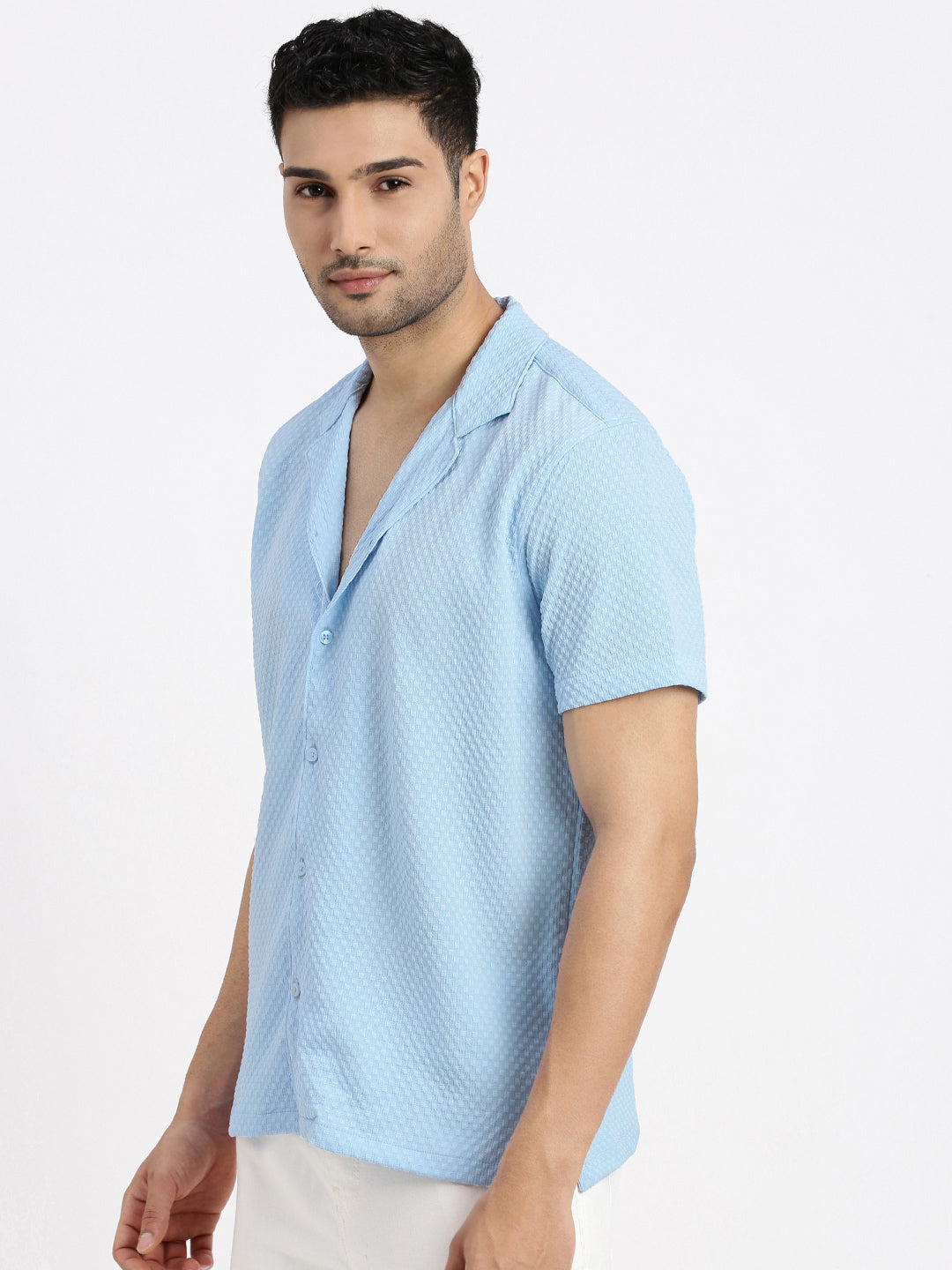 Men Blue Cuban Collar Solid Shirt