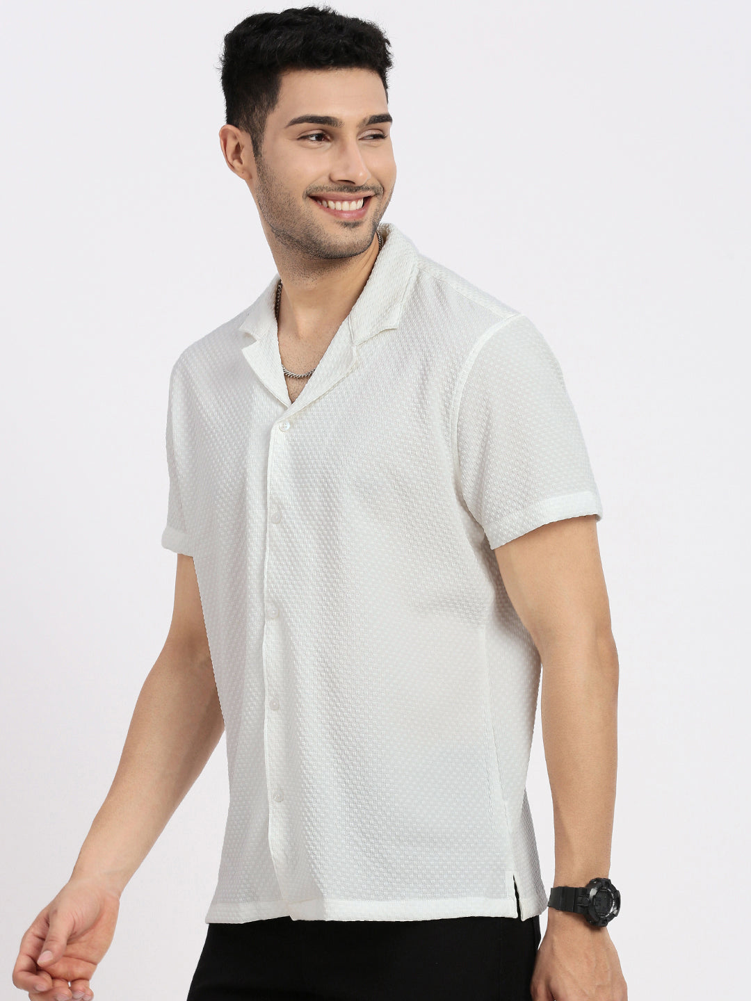 Men Off White Cuban Collar Solid Shirt