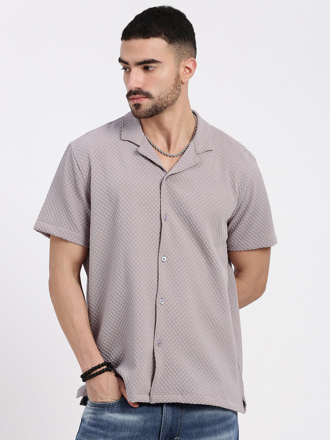 Men Mauve Cuban Collar Solid Shirt