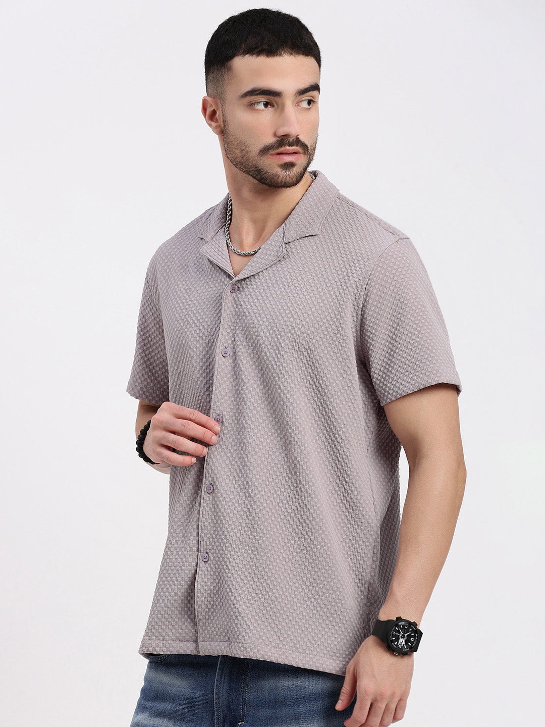 Men Mauve Cuban Collar Solid Shirt