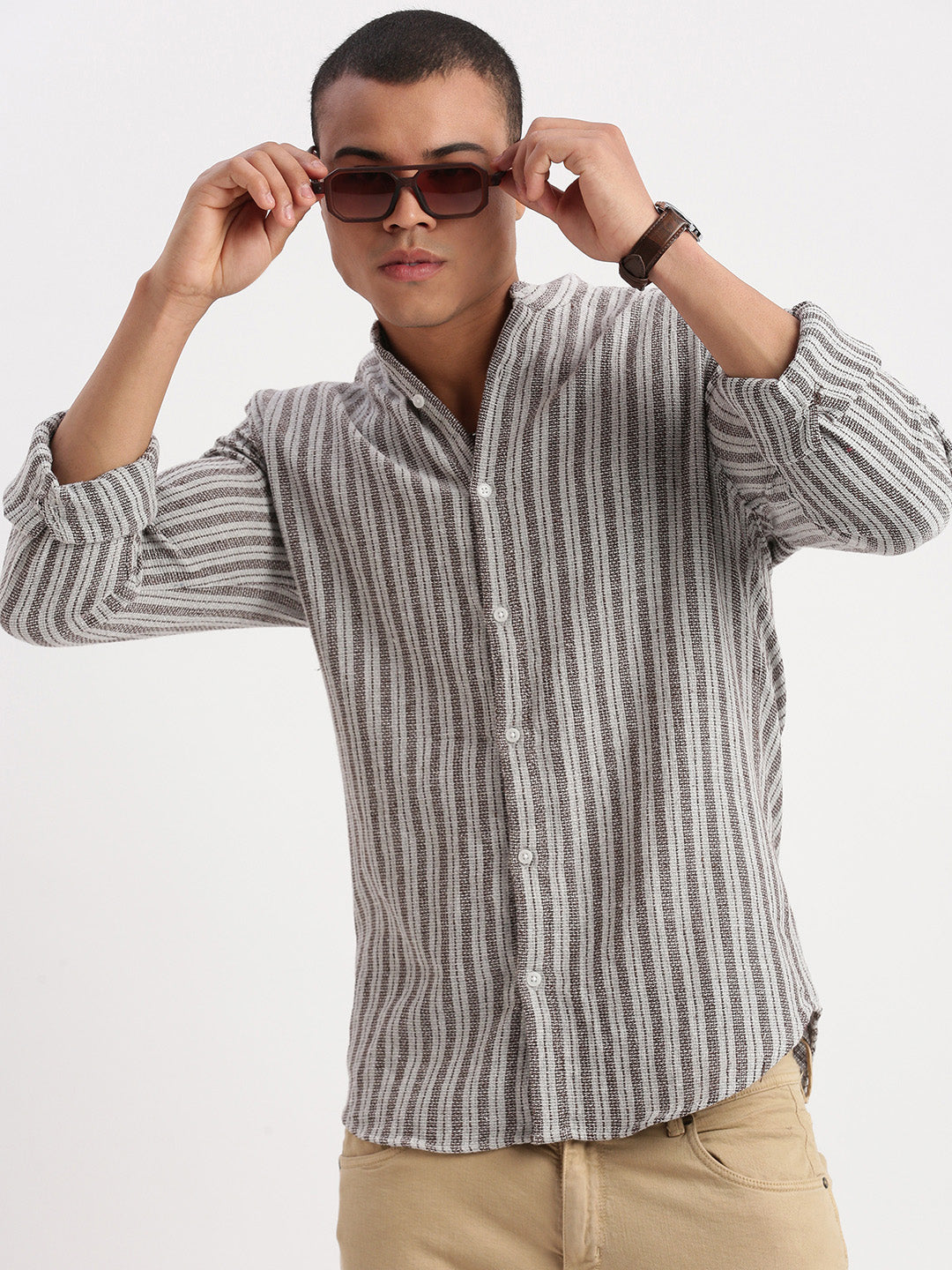 Men Mandarin Collar Vertical Stripes Grey Shirt