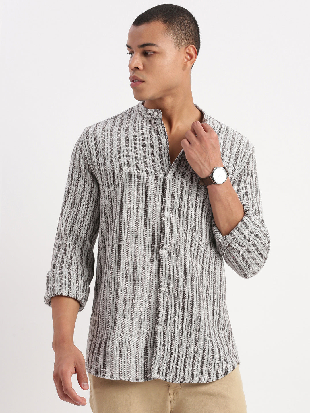 Men Mandarin Collar Vertical Stripes Grey Shirt