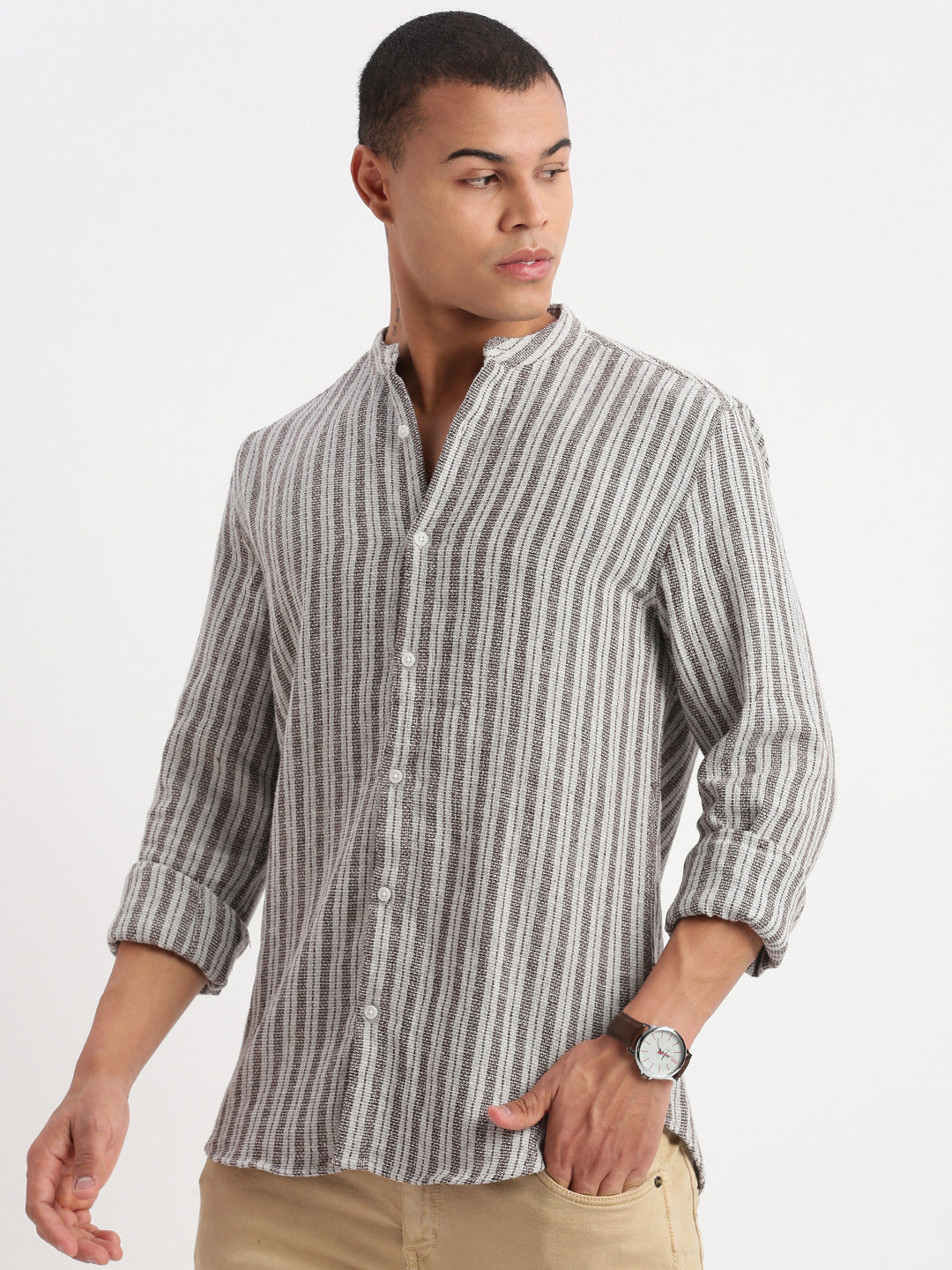 Men Mandarin Collar Vertical Stripes Grey Shirt