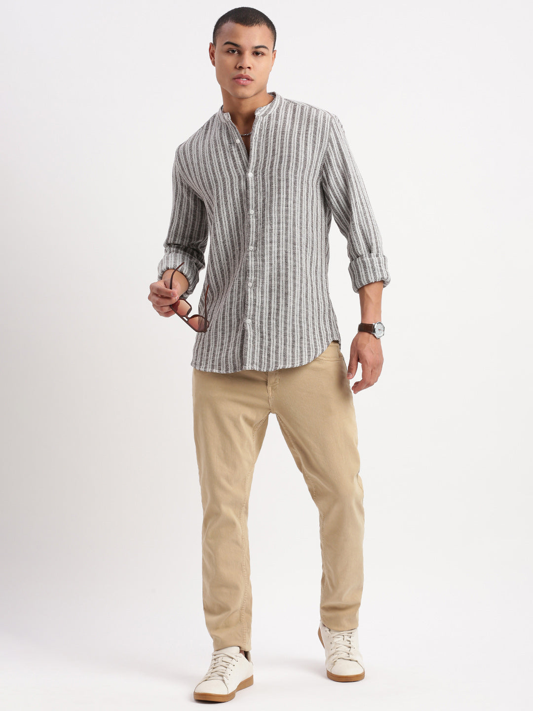 Men Mandarin Collar Vertical Stripes Grey Shirt