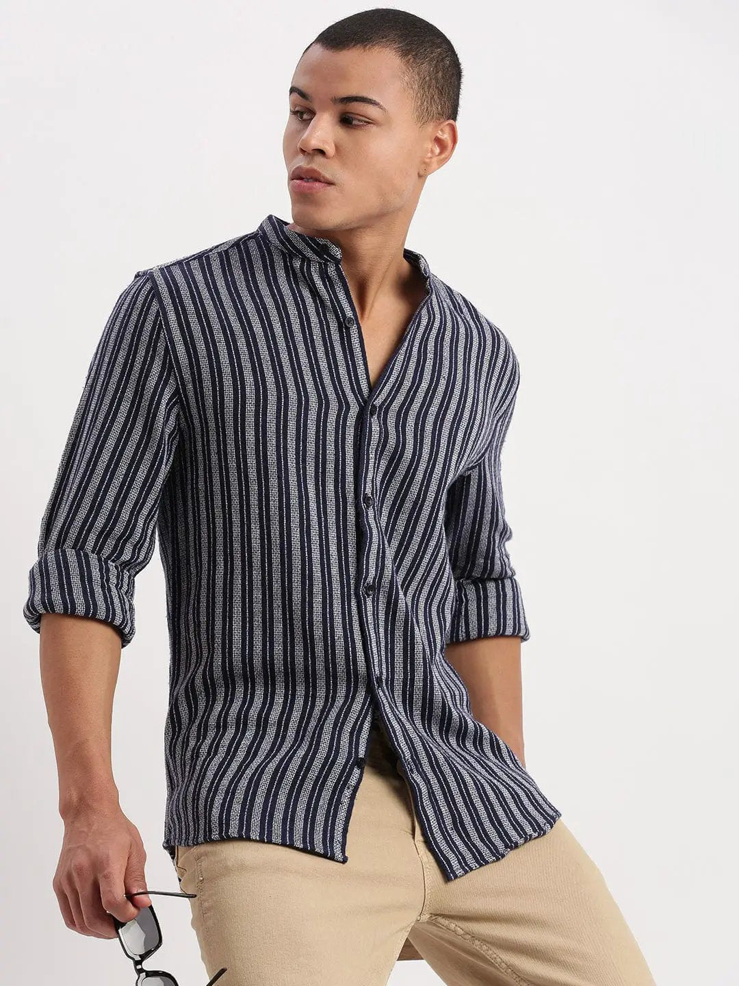 Buy Men's Mandarin Collar Vertical Stripes Navy Blue Shirt | Showoffff