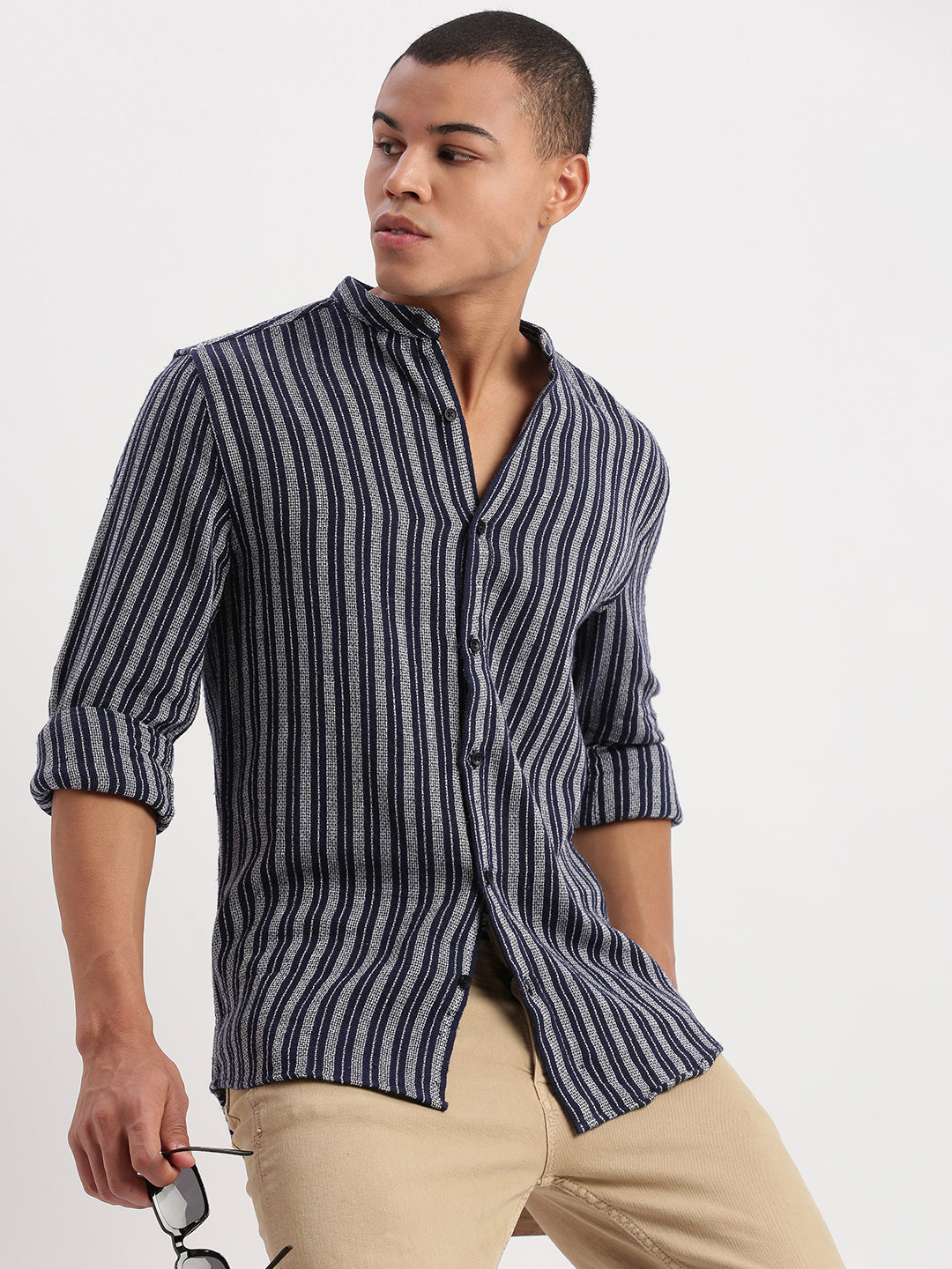 Men Mandarin Collar Vertical Stripes Navy Blue Shirt