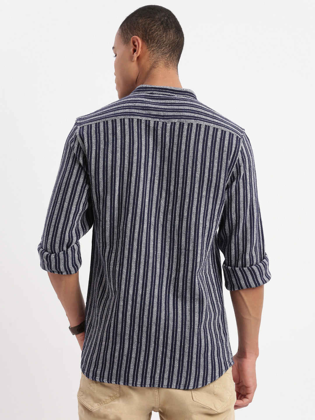 Men Mandarin Collar Vertical Stripes Navy Blue Shirt