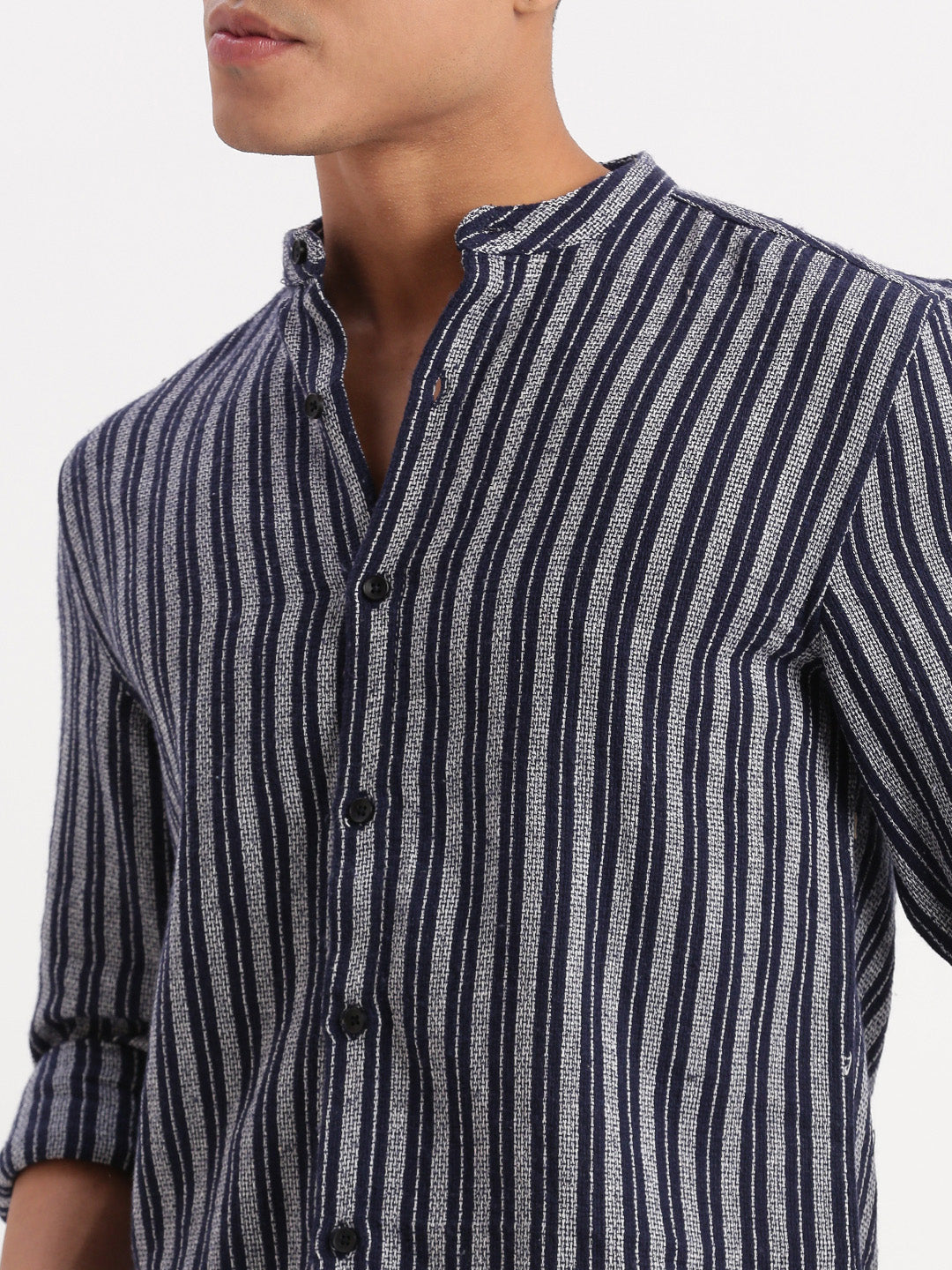 Men Mandarin Collar Vertical Stripes Navy Blue Shirt