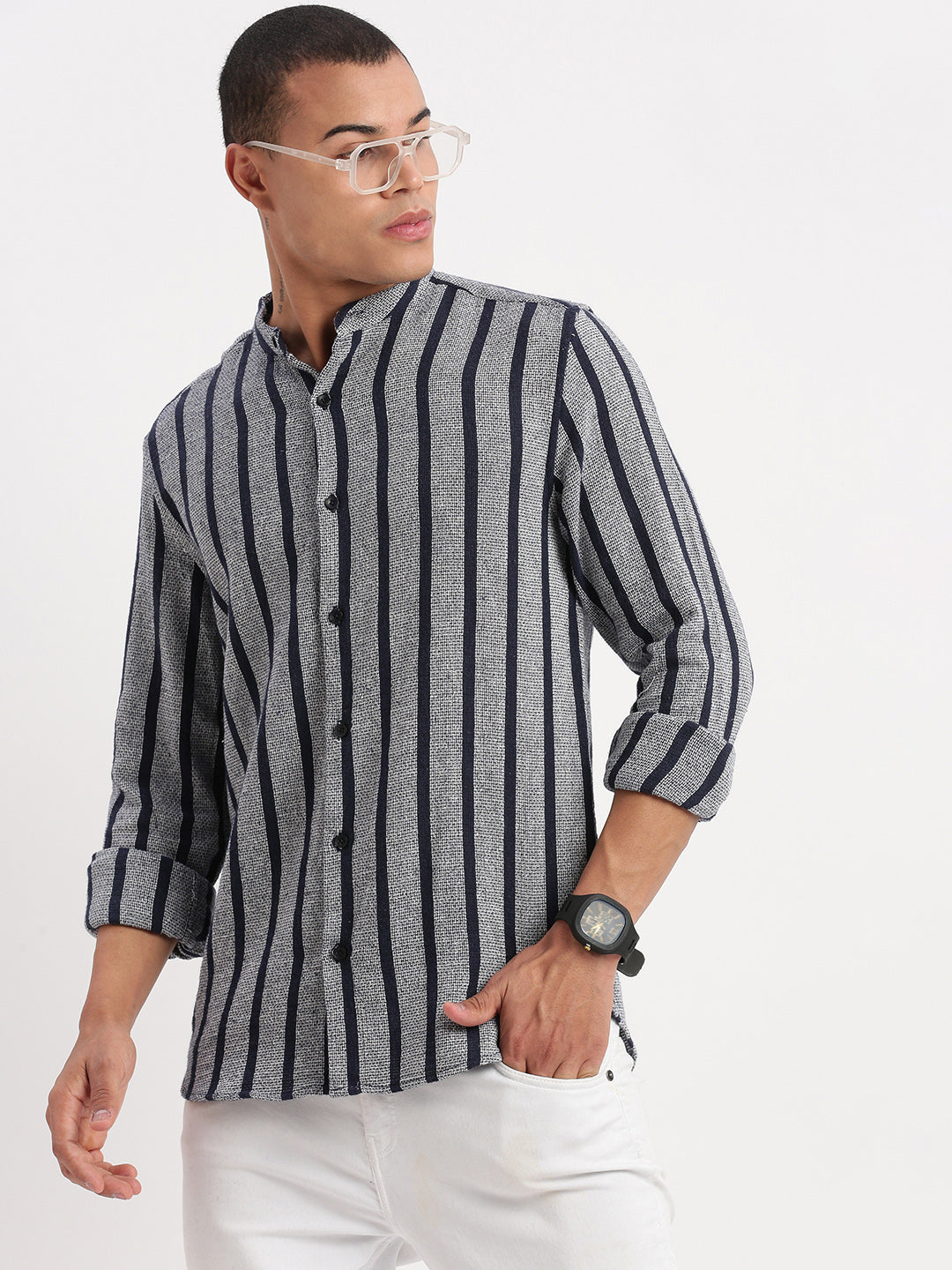 Men Mandarin Collar Vertical Stripes Navy Blue Shirt