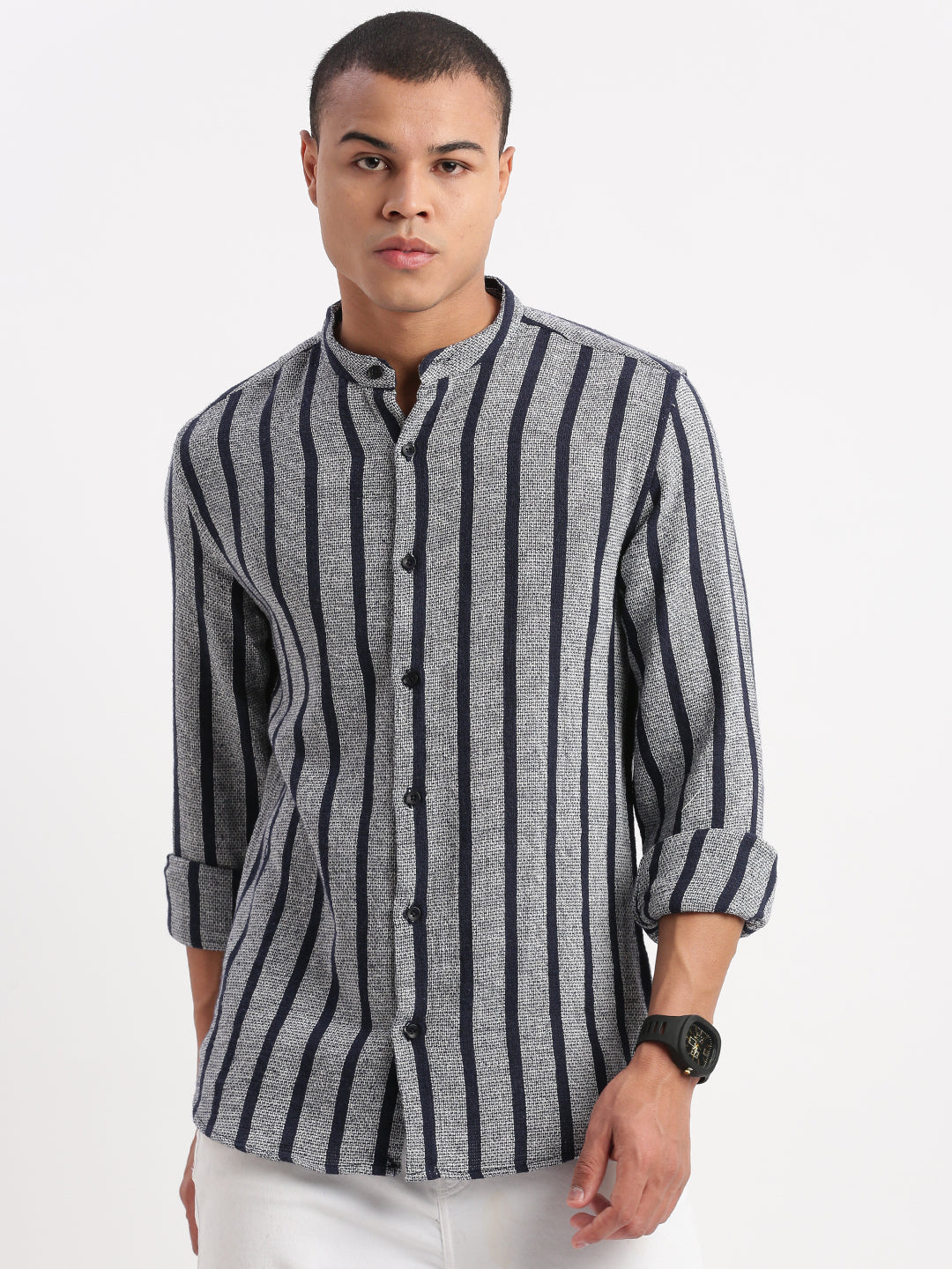 Men Mandarin Collar Vertical Stripes Navy Blue Shirt