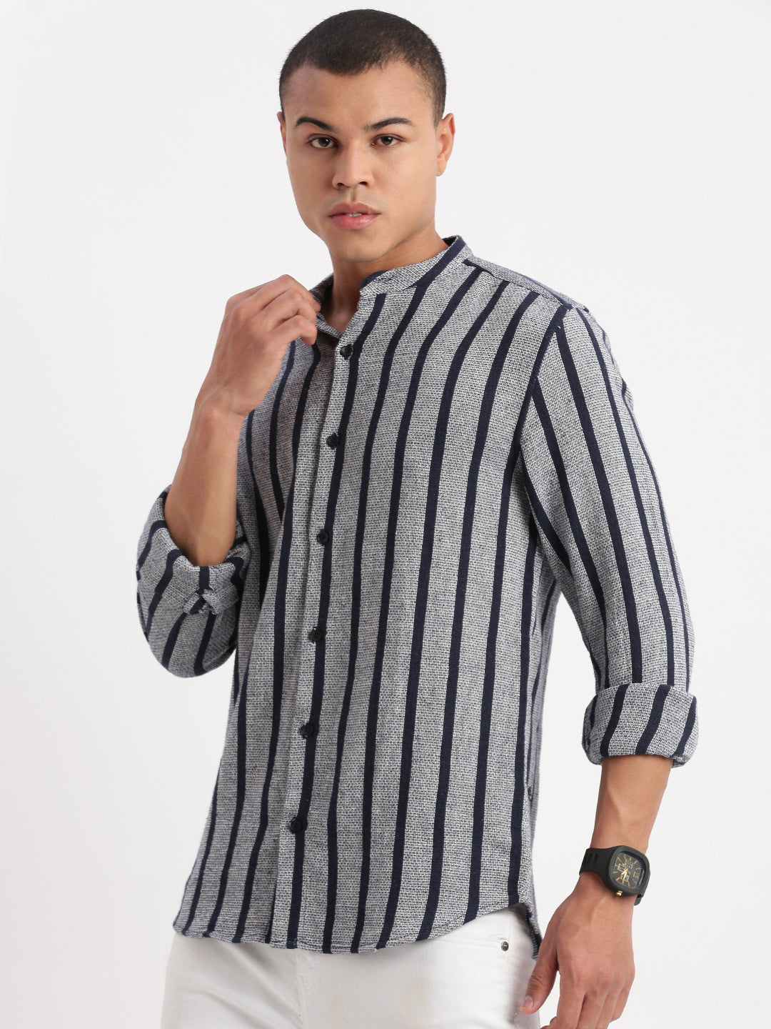 Men Mandarin Collar Vertical Stripes Navy Blue Shirt