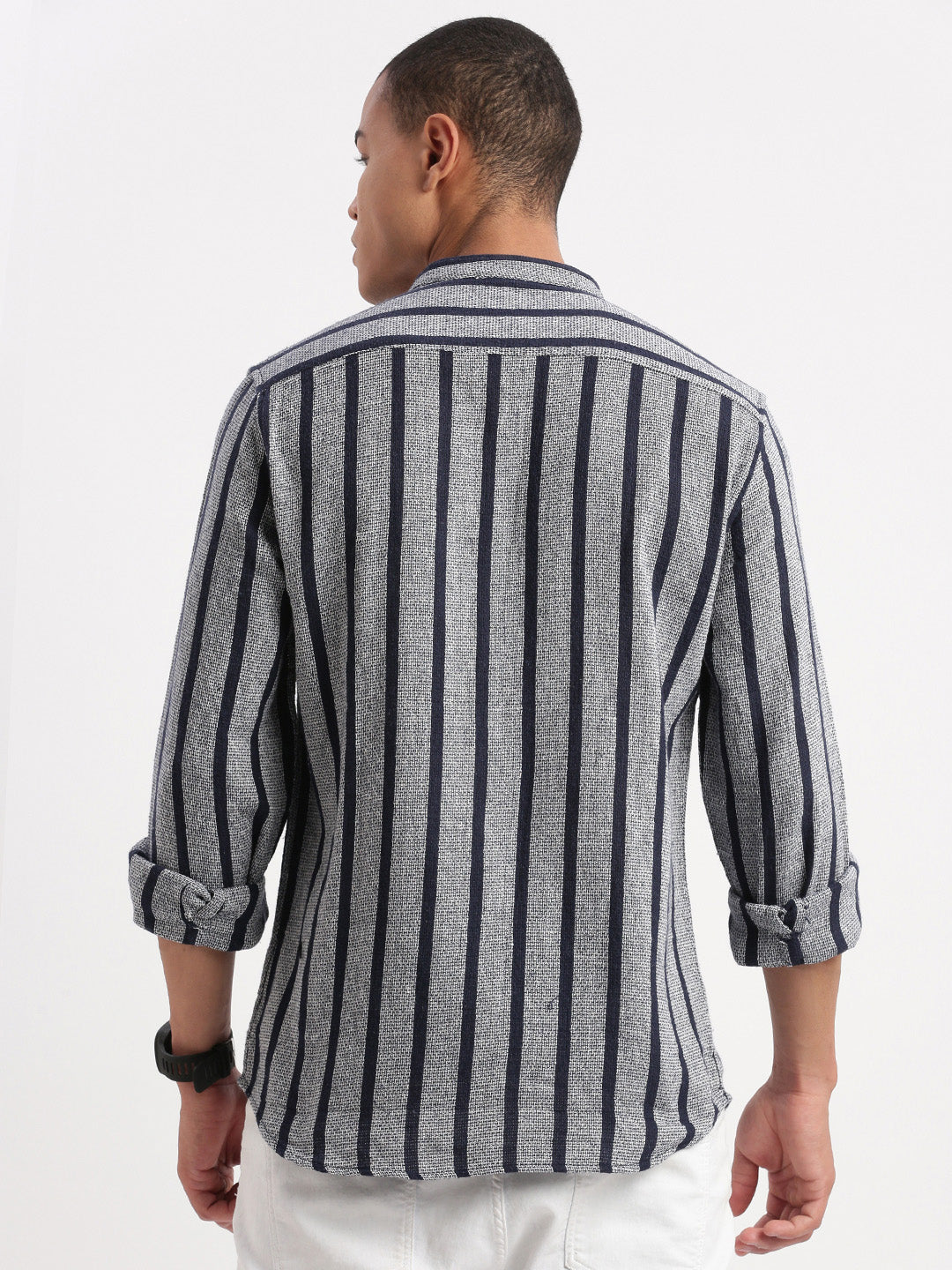 Men Mandarin Collar Vertical Stripes Navy Blue Shirt