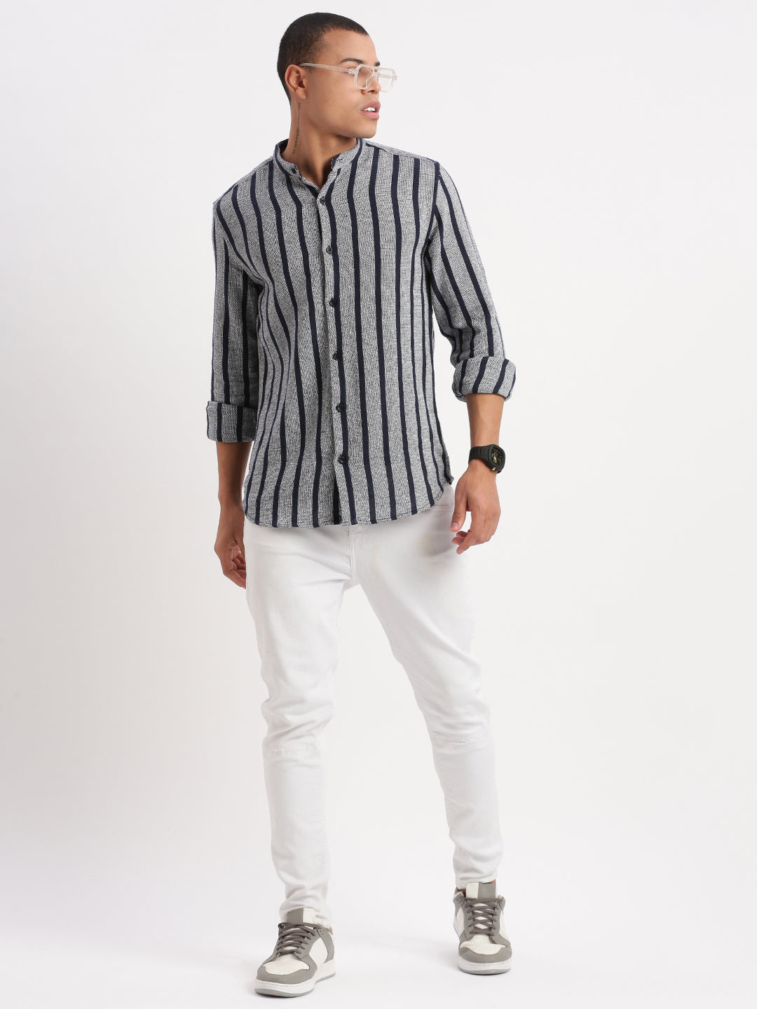 Men Mandarin Collar Vertical Stripes Navy Blue Shirt