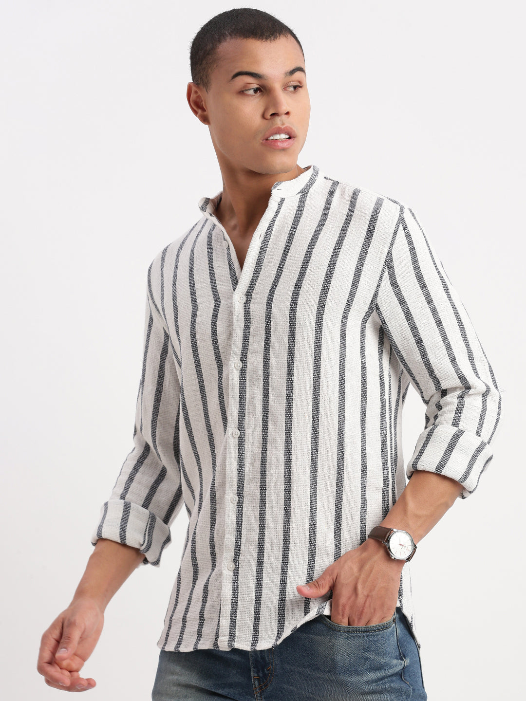 Men Mandarin Collar Vertical Stripes White Shirt