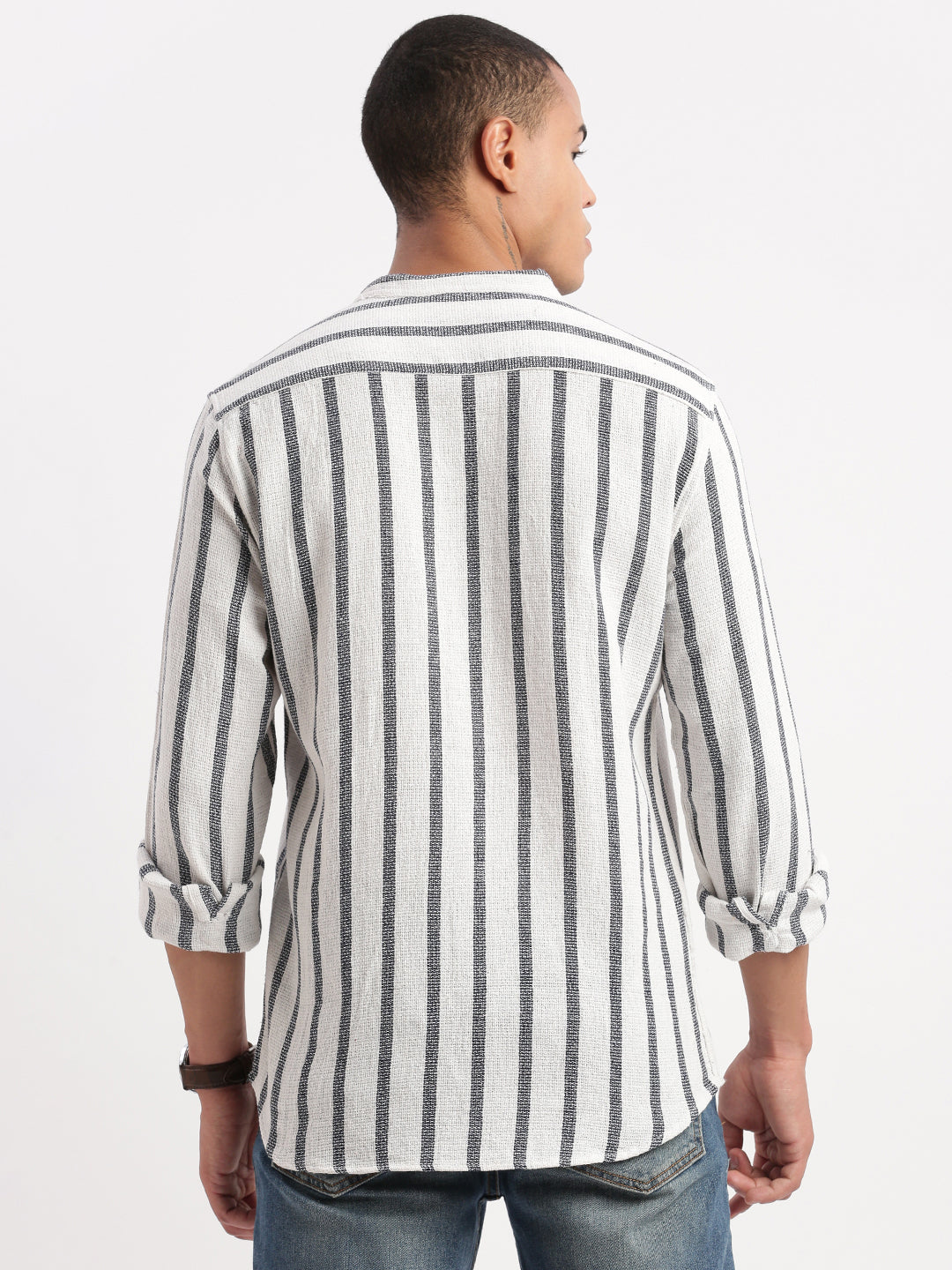 Men Mandarin Collar Vertical Stripes White Shirt