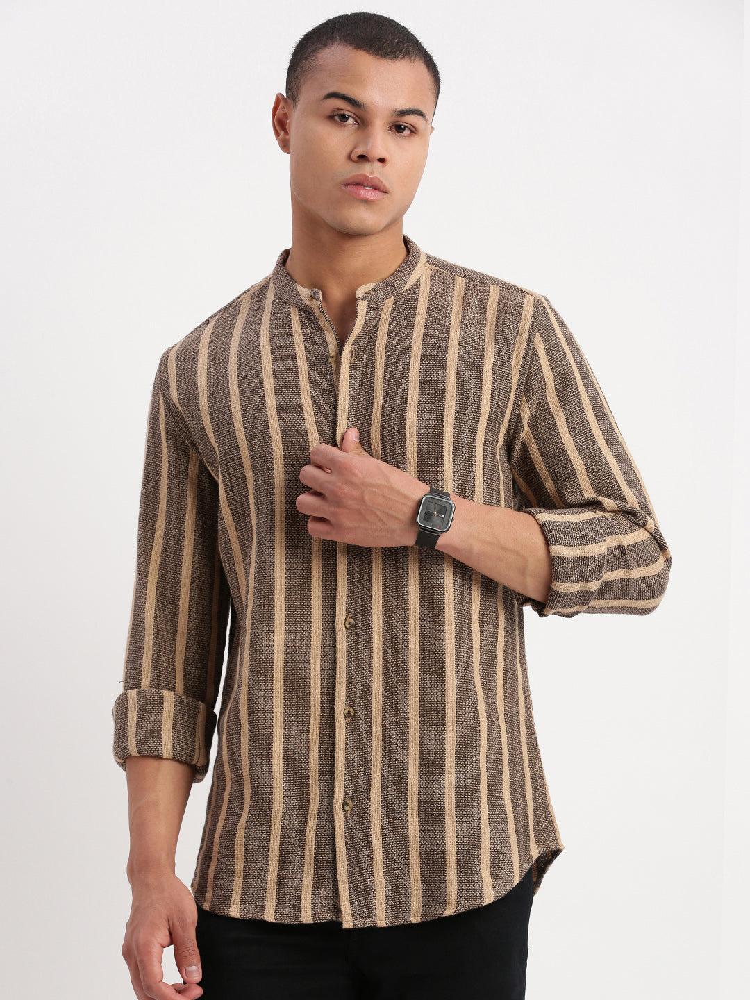 Men Mandarin Collar Vertical Stripes Brown Shirt