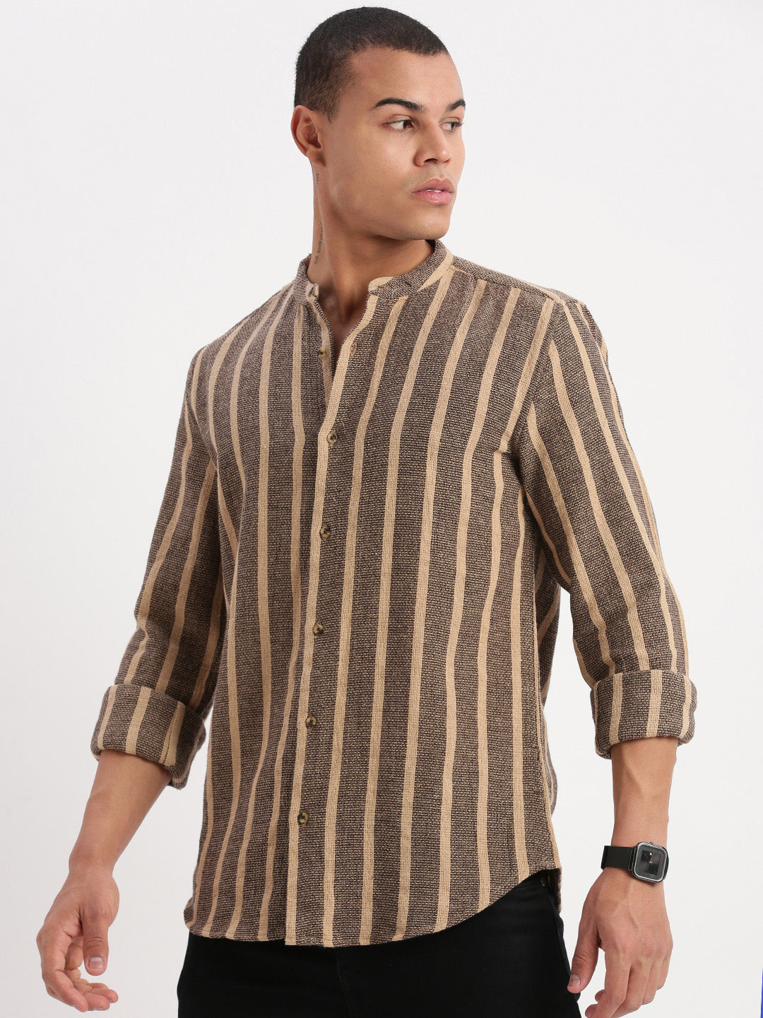 Men Mandarin Collar Vertical Stripes Brown Shirt