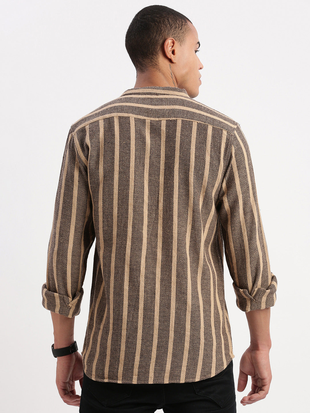 Men Mandarin Collar Vertical Stripes Brown Shirt