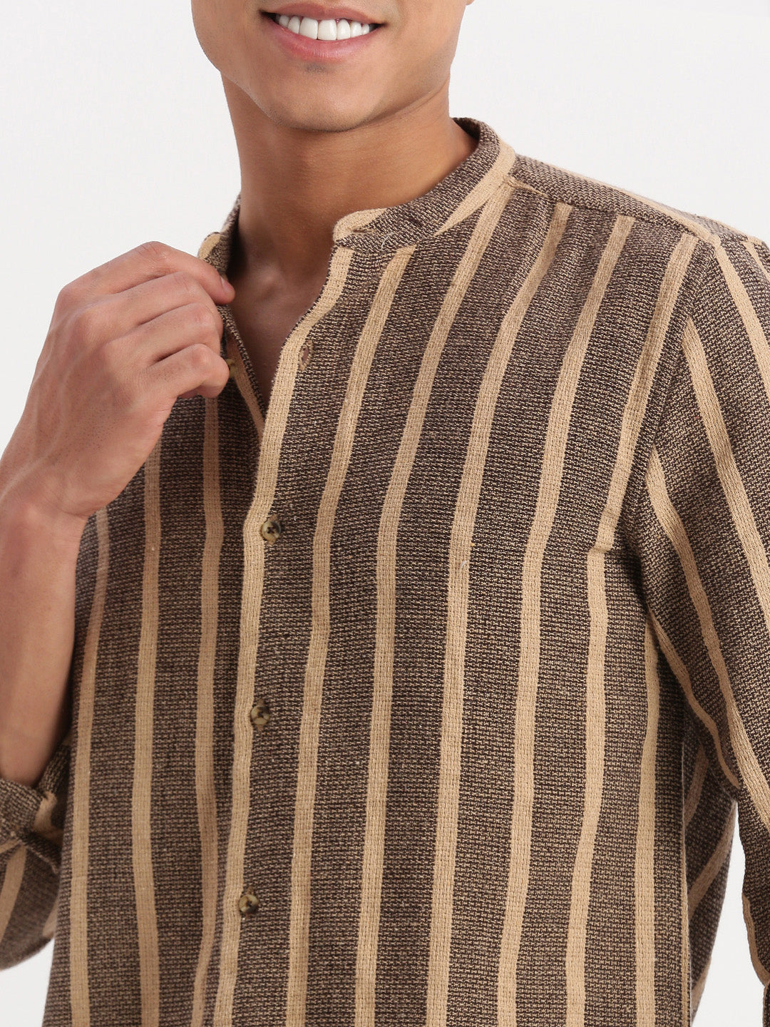 Men Mandarin Collar Vertical Stripes Brown Shirt