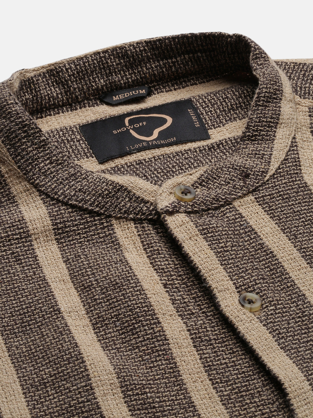 Men Mandarin Collar Vertical Stripes Brown Shirt