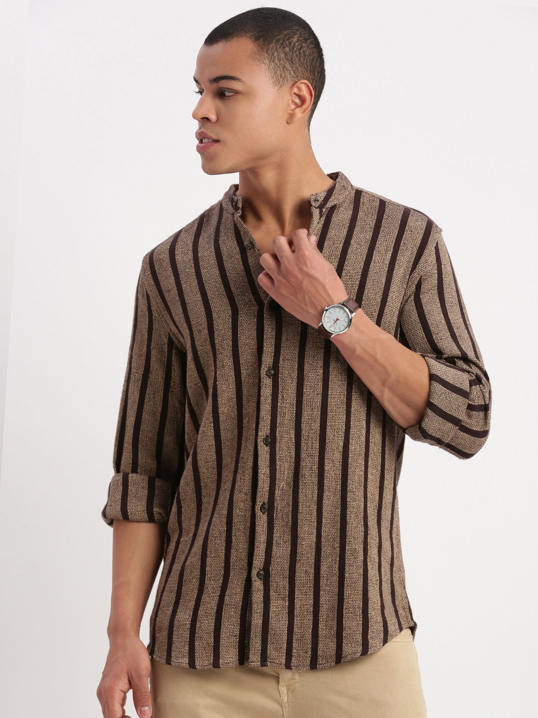 Men Mandarin Collar Vertical Stripes Brown Shirt