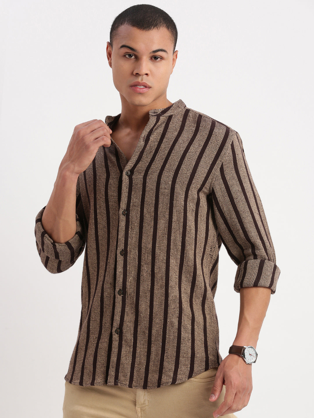 Men Mandarin Collar Vertical Stripes Brown Shirt