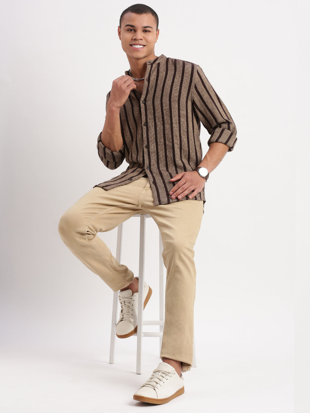 Men Mandarin Collar Vertical Stripes Brown Shirt