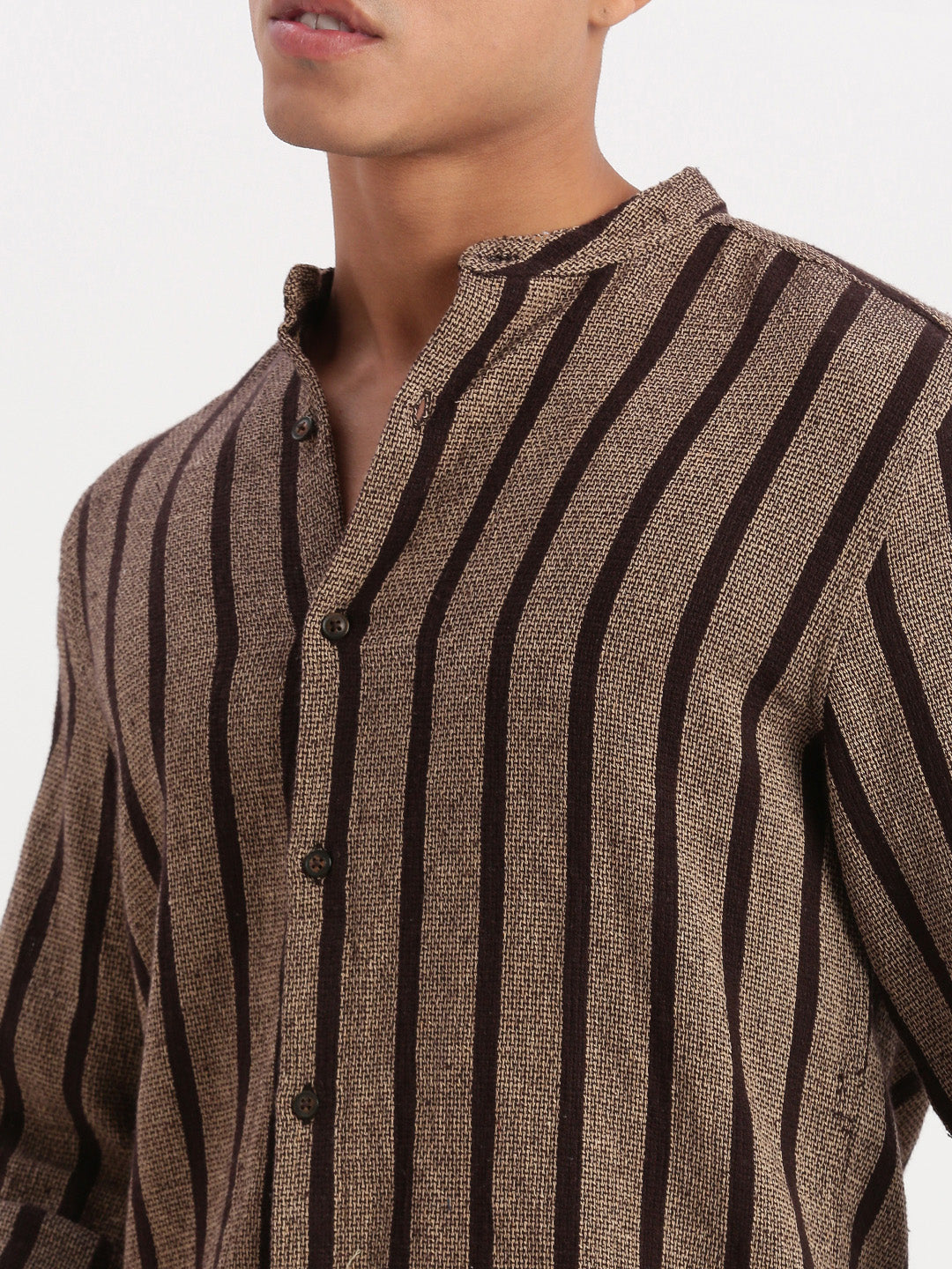 Men Mandarin Collar Vertical Stripes Brown Shirt