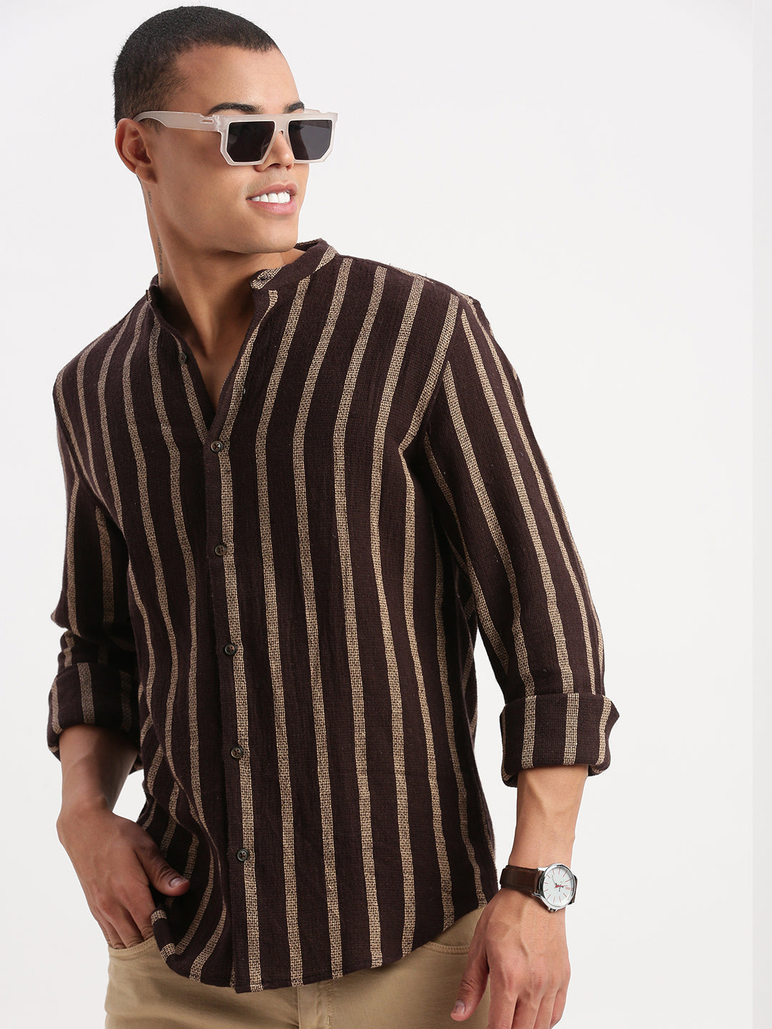 Men Mandarin Collar Vertical Stripes Brown Shirt