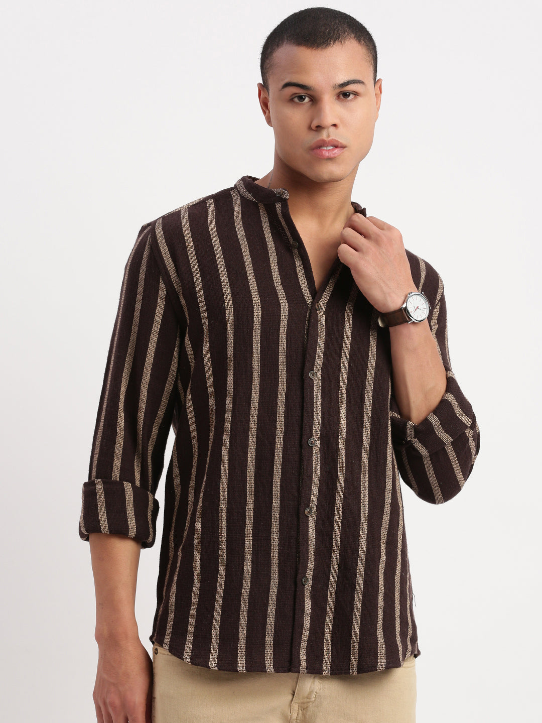 Men Mandarin Collar Vertical Stripes Brown Shirt