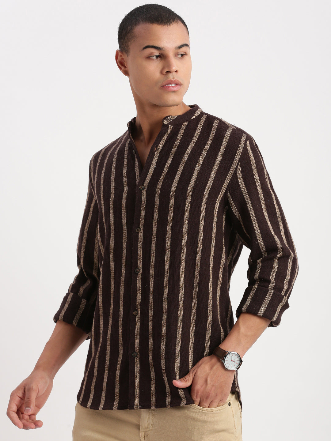 Men Mandarin Collar Vertical Stripes Brown Shirt