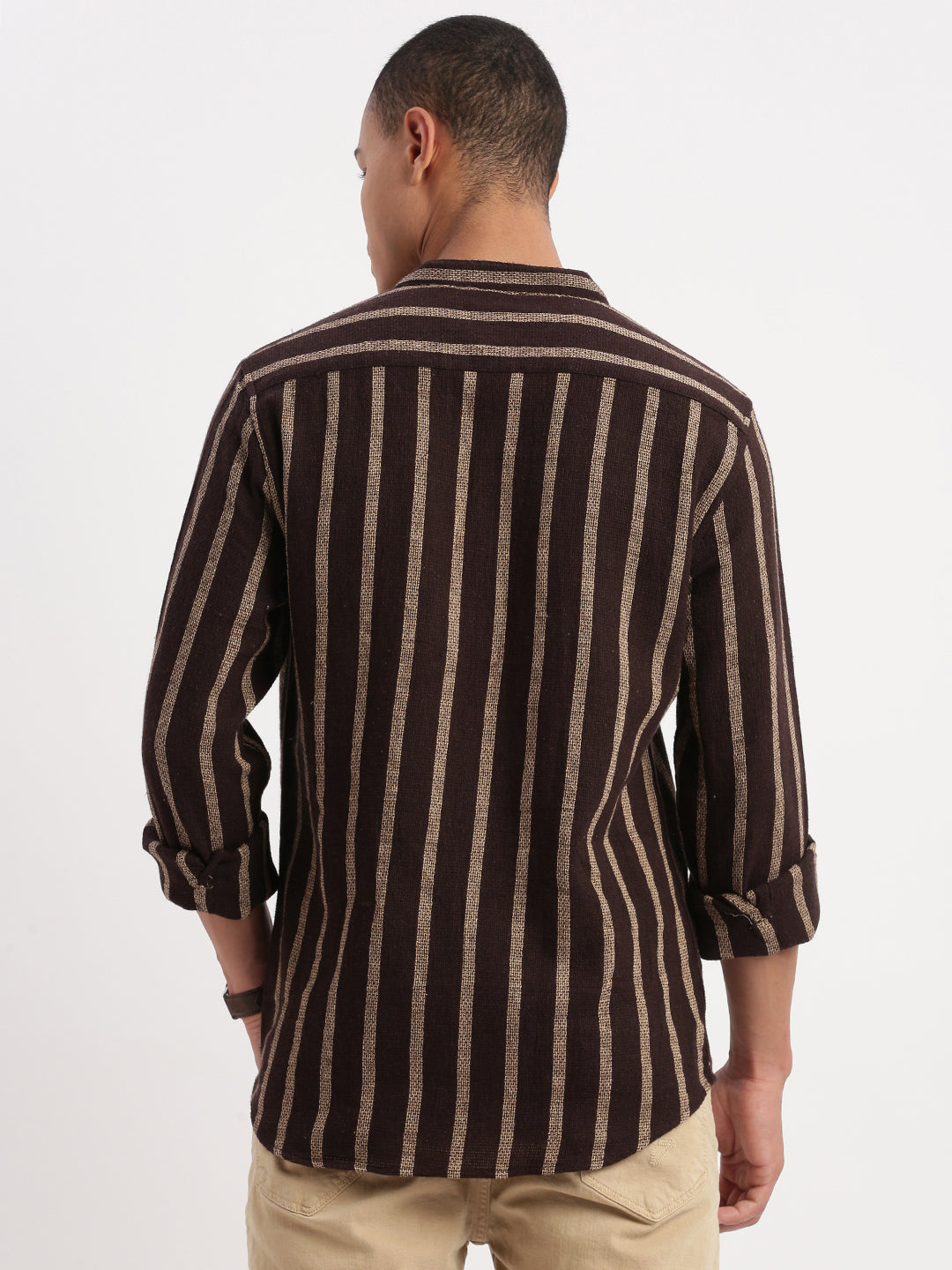 Men Mandarin Collar Vertical Stripes Brown Shirt