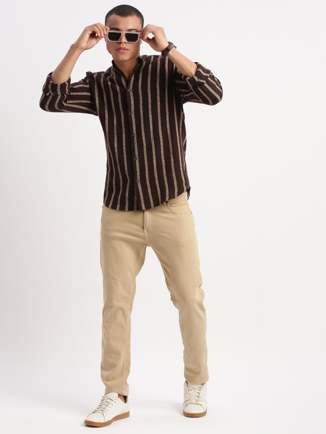 Men Mandarin Collar Vertical Stripes Brown Shirt